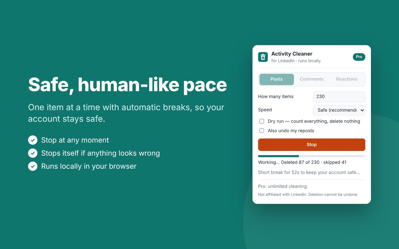 Activity Cleaner deleting posts at a safe pace with automatic breaks