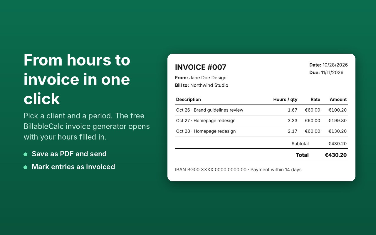 Invoice created from tracked hours: three lines, total 430.20 euros