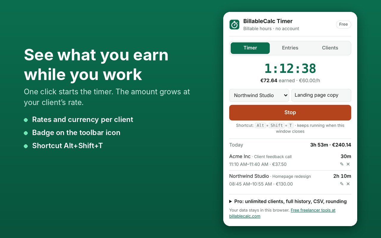 BillableCalc Timer running: 1 hour 12 minutes, 72.64 euros earned at 60 euros per hour